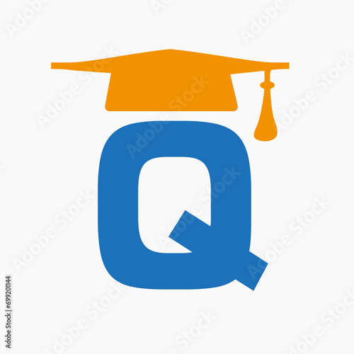 Education Logo On Letter Q With Graduation Hat Icon. Study Symbol