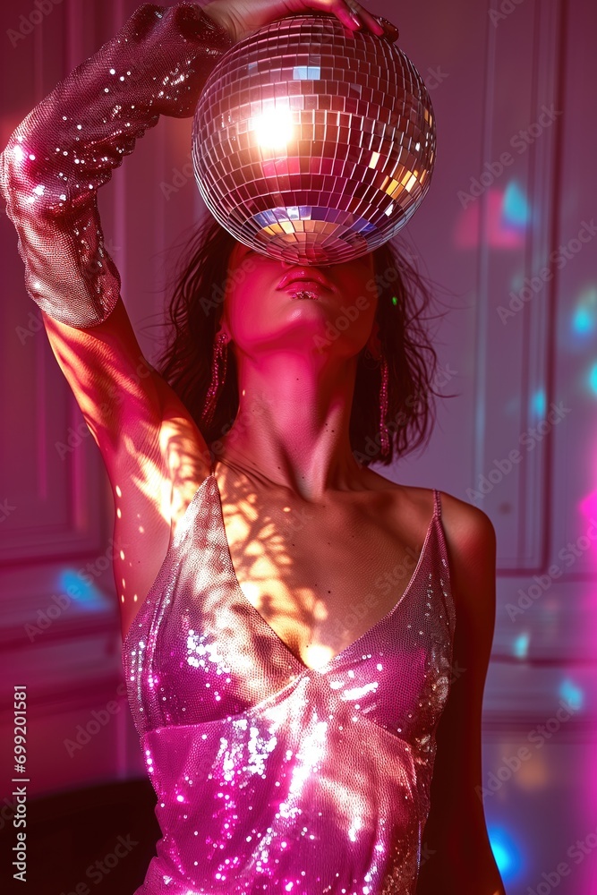 Young woman in pink party dress with disco ball sphere. New year, birthday, christmas party. Glitter, shiny cloth. Fashion shot. Ai generated photography Young woman in pink party dress with disco ball sphere. New year, birthday, christmas party. Glitter, shiny cloth. Fashion shot. Ai generated photography