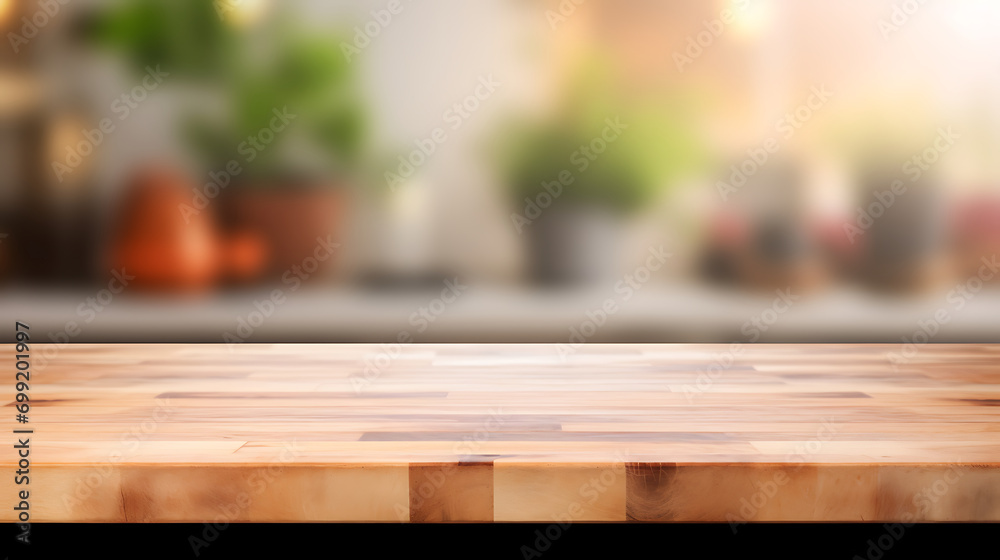 Wood table top on blurred kitchen background. can be used mock up for montage products display or design layout. Generative Ai Wood table top on blurred kitchen background. can be used mock up for montage products display or design layout. Generative Ai
