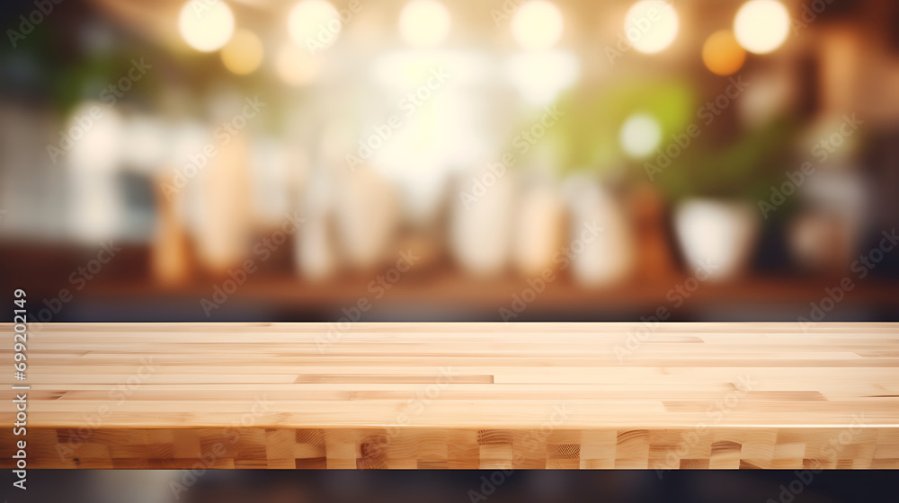 Wood table top on blurred kitchen background. can be used mock up for montage products display or design layout. Generative Ai Wood table top on blurred kitchen background. can be used mock up for montage products display or design layout. Generative Ai