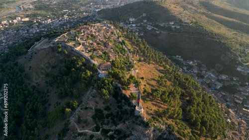 Sunrise over the castle of Berat, Drone view