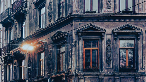Old buiding with balconies on the street of Beyoglu.  Filtered image processed vintage effect. photo