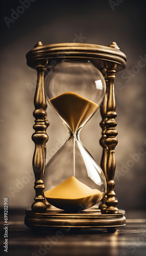 Closeup of golden hourglass on table, dark background, time concept