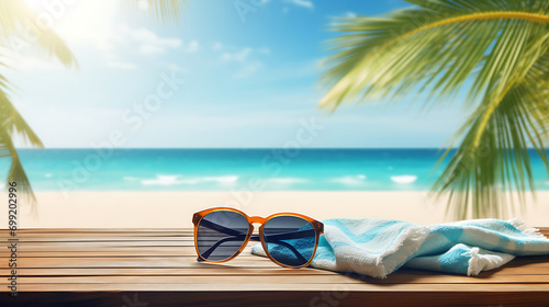 Wooden table background of free space for your decoration. Landscape of beach with palms and ocean. Blue summer sky and sun light. Summer time on beach. Generative Ai #699202996