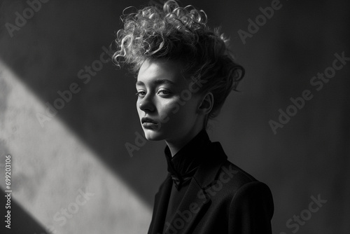 Modernist portrait, androgynous model with sculptural hair, monochrome outfit against a minimalist set