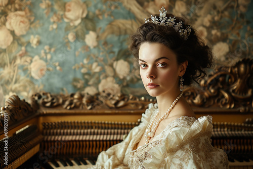 portrait of a countess, jeweled tiara and rich pearls, seated by a harpsichord, intricate floral wallpaper photo