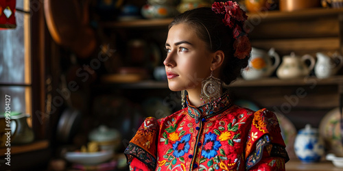 Vibrant folk art portrait of a woman in traditional Eastern European attire, intricate floral embroidery, warm kitchen setting