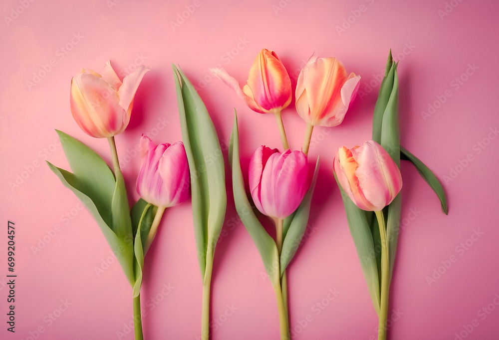 Five pink tulips arranged in a row on a pastel pink background, suitable for spring themes and floral designs.