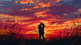 Silhouette of a person on a sunset. Valentine's Day illustration.