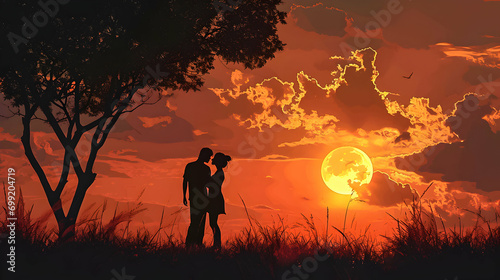 Couple's silhouette against a vibrant sunset and full moon.