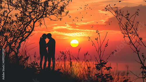 Silhouette of a couple in the sunset. Happy Valentine's Day banner.