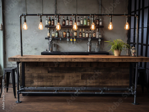 Rustic vintage bar showcasing industrial style  featuring reclaimed wood accents  unique charm  and ambient lighting.