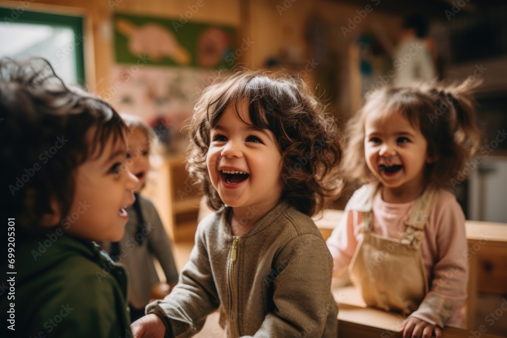 Happy little children playing inside a kindergarten Stock Photo | Adobe ...