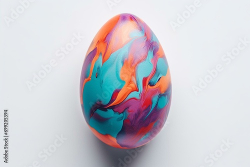Vibrant Easter egg on a blank surface. Overhead perspective with room for text. Generative AI