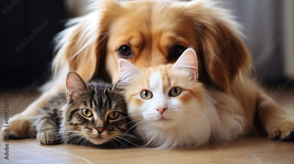 cat dog friend home comfortable lying together close up looking ai visual concept