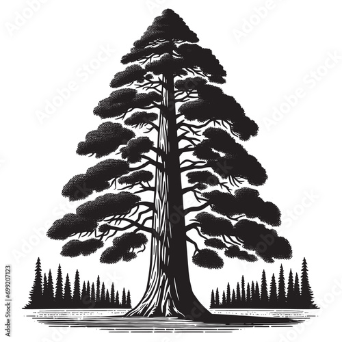Sequoia tree. Vintage retro engraving illustration. Black icon, isolated element 