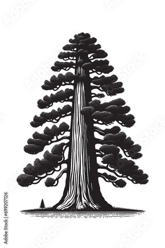Sequoia tree. Vintage retro engraving illustration. Black icon, isolated element	