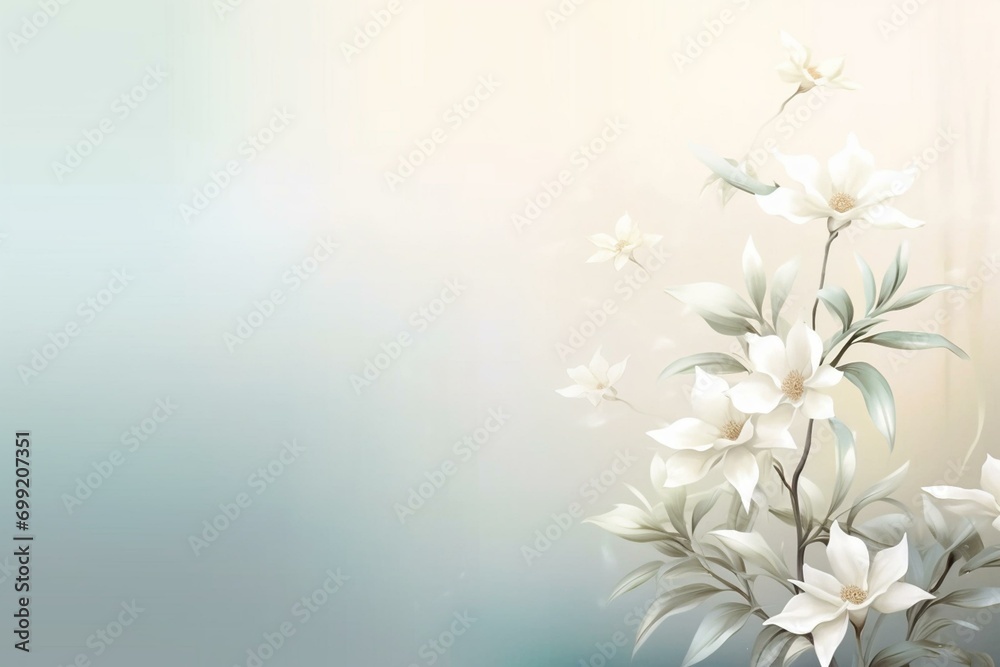 Abstract floral nature background with delicate white plant and flower leaves border. Generative AI - obrazy, fototapety, plakaty 