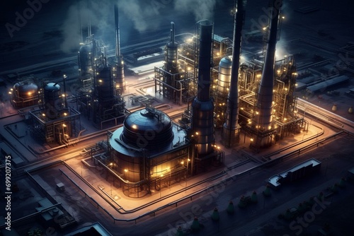 Aerial view of an industrial facility producing oil. Generative AI