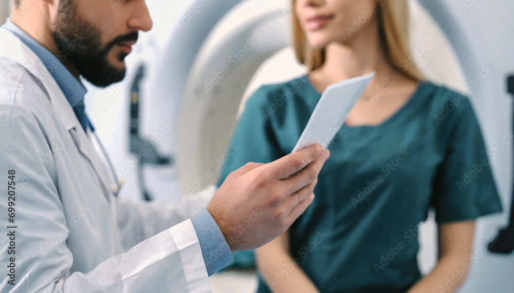 Doctor talking to a patient about to undergo an MRI scan. Hospital concept Doctor talking to a patient about to undergo an MRI scan. Hospital concept