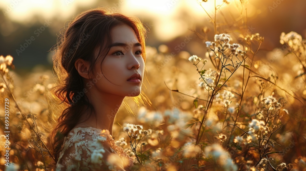 young asian woman with clean fresh skin on sunrise meadow garden background, hair long brown wind blow,Face care, Facial treatment, Cosmetology woman female in long white dress outdoor in park nature young asian woman with clean fresh skin on sunrise meadow garden background, hair long brown wind blow,Face care, Facial treatment, Cosmetology woman female in long white dress outdoor in park nature
