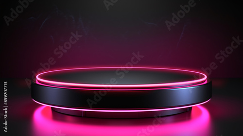 Elevate your product presentation with a sleek black background stand amid vibrant advertising neon lights. 3D rendering.