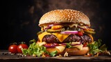 Delectable new cheeseburger on aged grey backdrop, American cuisine.