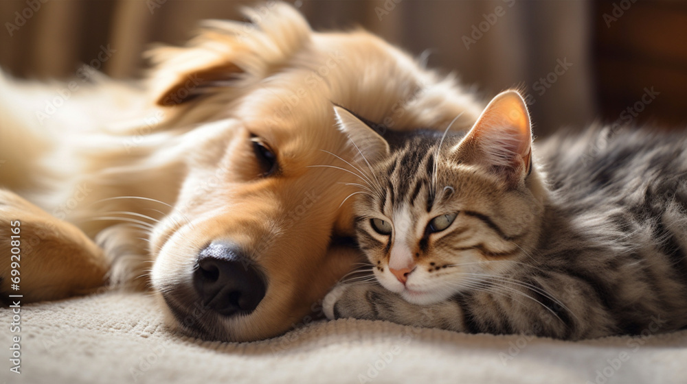 cat dog friend home comfortable lying together close up looking ai visual concept cat dog friend home comfortable lying together close up looking ai visual concept