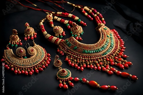  Indian necklace and earrings in black background