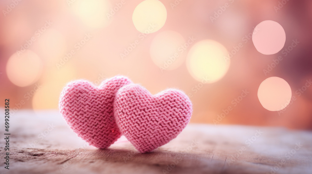 Pink knitted hearts on soft background, Valentine's day card