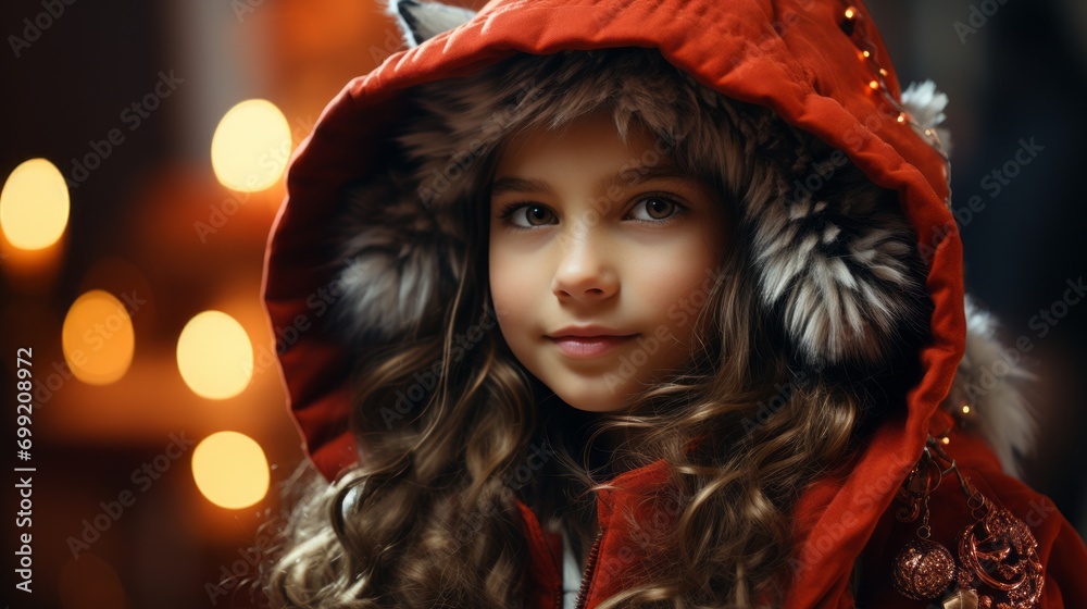 A girl in a kitten costume with Christmas atmosphere