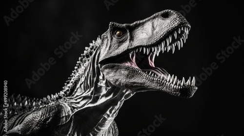 Aggressive toothy ti-rex with open toothy mouth in monochrome style. Attacking prehistoric predator. Illustration for cover, postcard, interior design, banner, brochure, etc. © Login