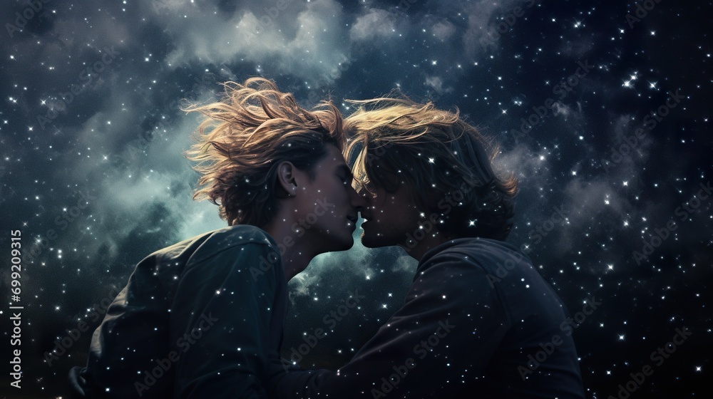 young gay couple kissing at night, romantic lgbt love and romance young gay couple kissing at night, romantic lgbt love and romance