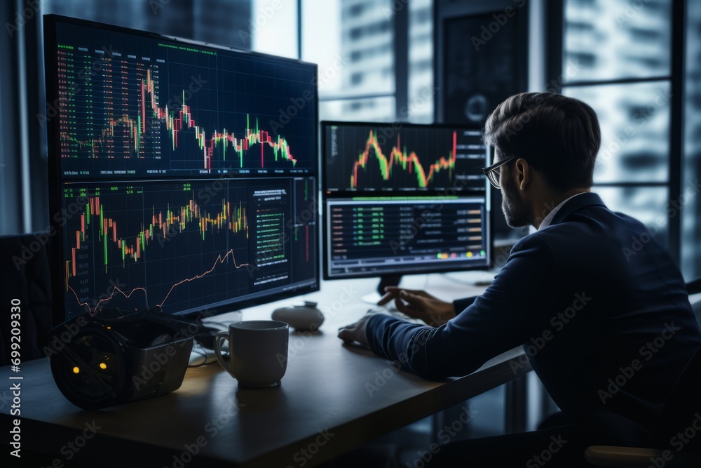 Crypto investor analyst broker analyzing financial stock trade stock exchange platform indexes digital chart data on computer screen thinking of investing analytics risk. Over shoulder 