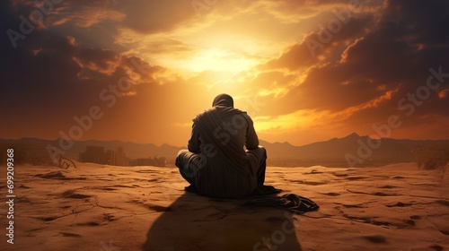 lonely desperate man pray and ask god about help, tired male in desert