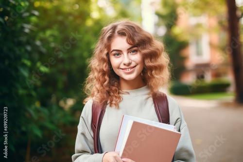 Pretty girl university student holding notebooks looking at camera posing for outdoor portrait. College study programs, academic educational courses, ads, and learning class concepts. 