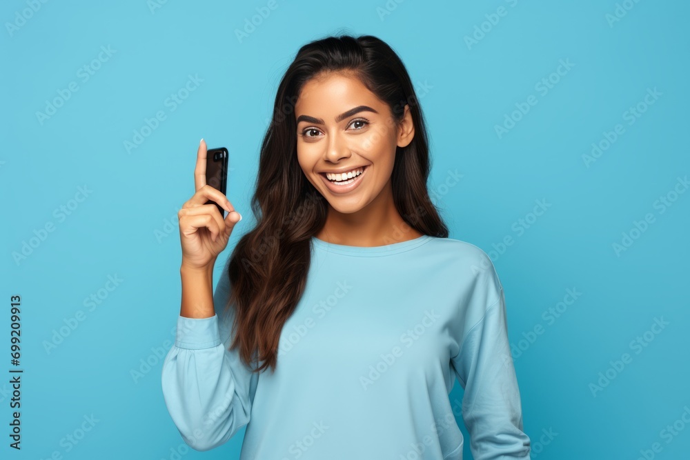Young happy latin woman holding mobile phone pointing aside isolated on blue background. Young happy latin woman holding mobile phone pointing aside isolated on blue background.