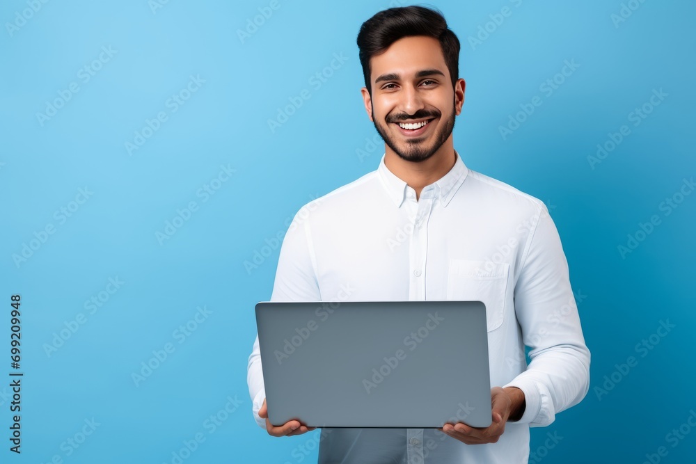 Young happy latin woman using laptop device isolated on blue background. Smiling female model user holding computer presenting advertising job search or shopping website, online services 