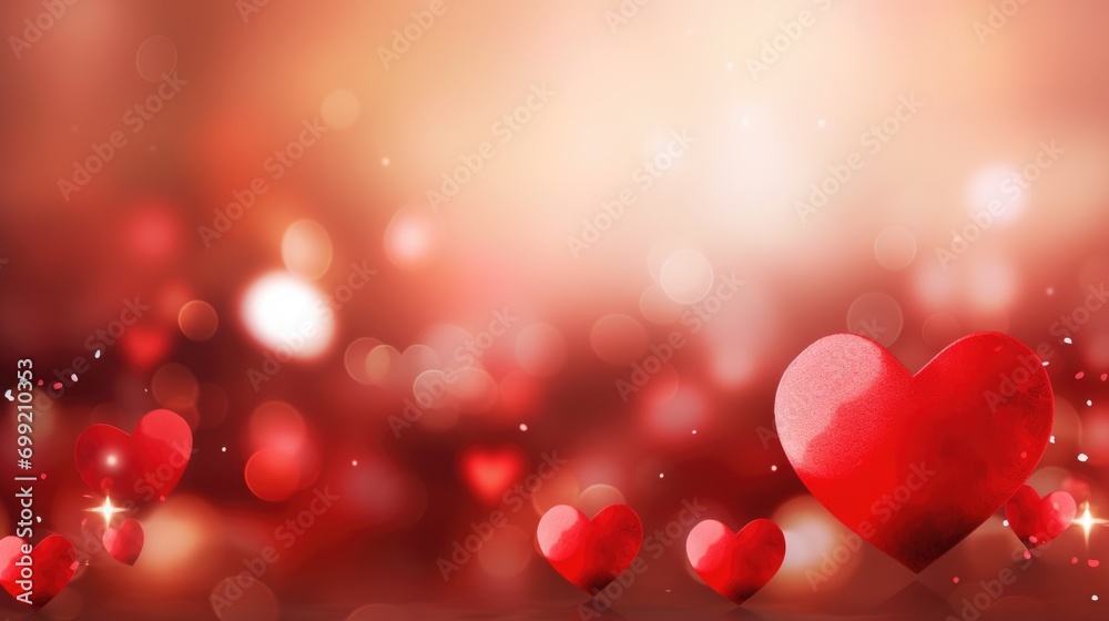 Abstract Valentine's Day background with red hearts and blurred bokeh lights. Festive love concept banner