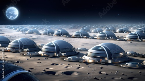 Bustling lunar metropolis, where futuristic architecture and advanced technologies blend seamlessly in a zero-gravity environment. Vibrant and dynamic nature of lunar urban life.