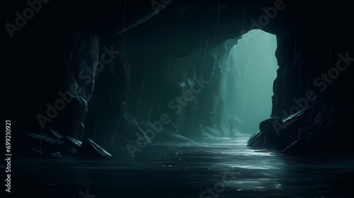 Dark cave with opening leading to raging river