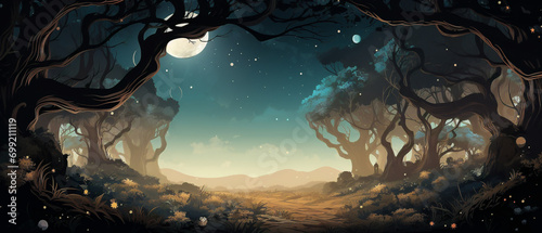 Enchanting whimsical forest scene, fairytale ambiance with magical trees and mystical glow, background 00142 01 rl. photo