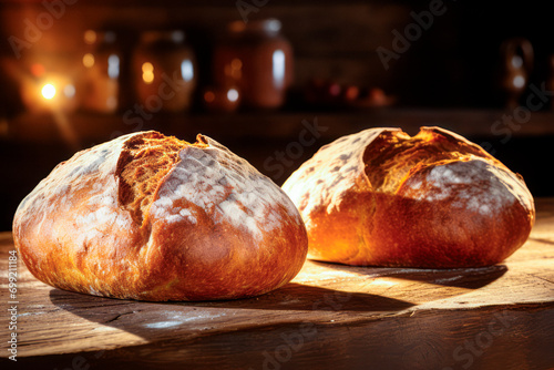 Two loaves of bread on a wooden surface, warm kitchen atmosphere. AI generative