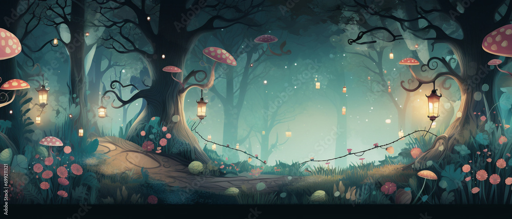 Enchanted whimsical forest scene, fairytale background with magical ...