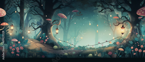 Enchanted whimsical forest scene, fairytale background with magical trees and ethereal light, serene atmosphere. photo