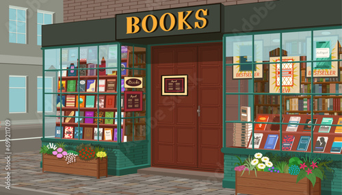 The exterior of the bookstore. Front view. Storefronts with books. Vector illustration.
