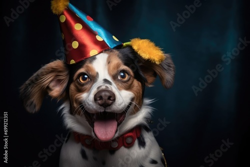 April 1, funny smiling dog in a festive hat, circus performer, trained animal photo