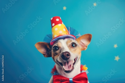 April 1, funny smiling dog in a clown hat, circus performer, trained animal © Svetlana Leuto