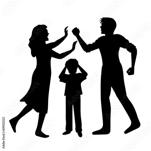 Two quarreling silhouettes of aggressive man and frightened woman and boy. Domestic violence, drunkenness, social and psychological and physical problems. To inform the population