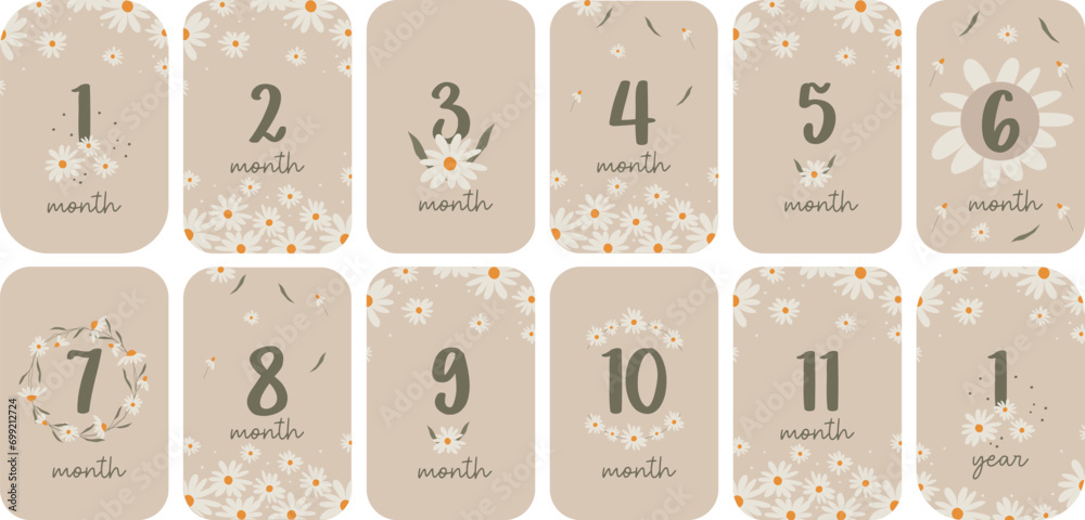Set of monthly milestone anniversary card for baby. Vector printable ...